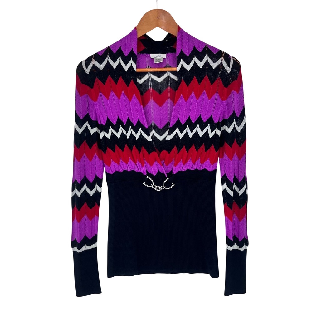 Y2K Cache Chevron Zigzag Knit Top Women Large Purple Red Black‎ Retro Pointelle
